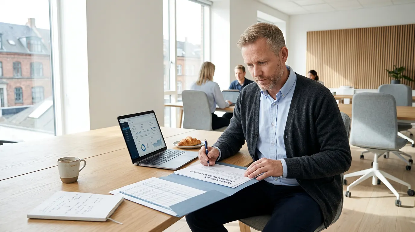 Jämför företagslån – översikt för företag Företagare går igenom företagslån och likviditet på ett svenskt kontor